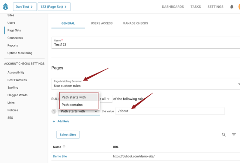 Screenshot depicting how admins can create custom rules that include "Path starts with" and "Path contains" along with a subdirectory to create a custom set of pages.