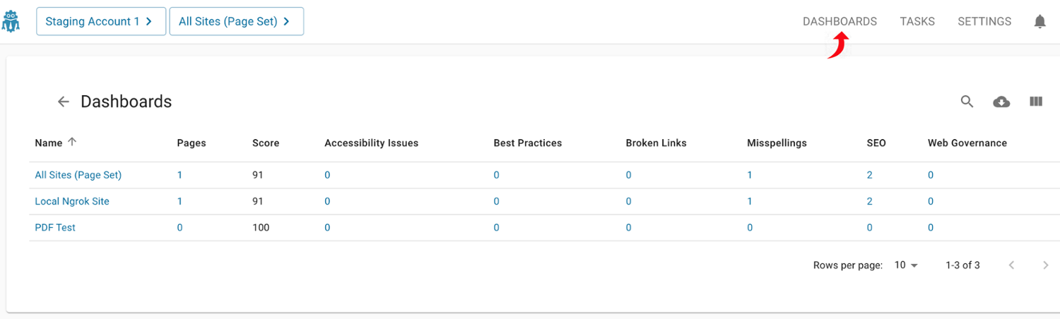 Screenshot of the Dashboards landing page with the link option Dashboard in the upper right navigation highlighted by a red arrow.
