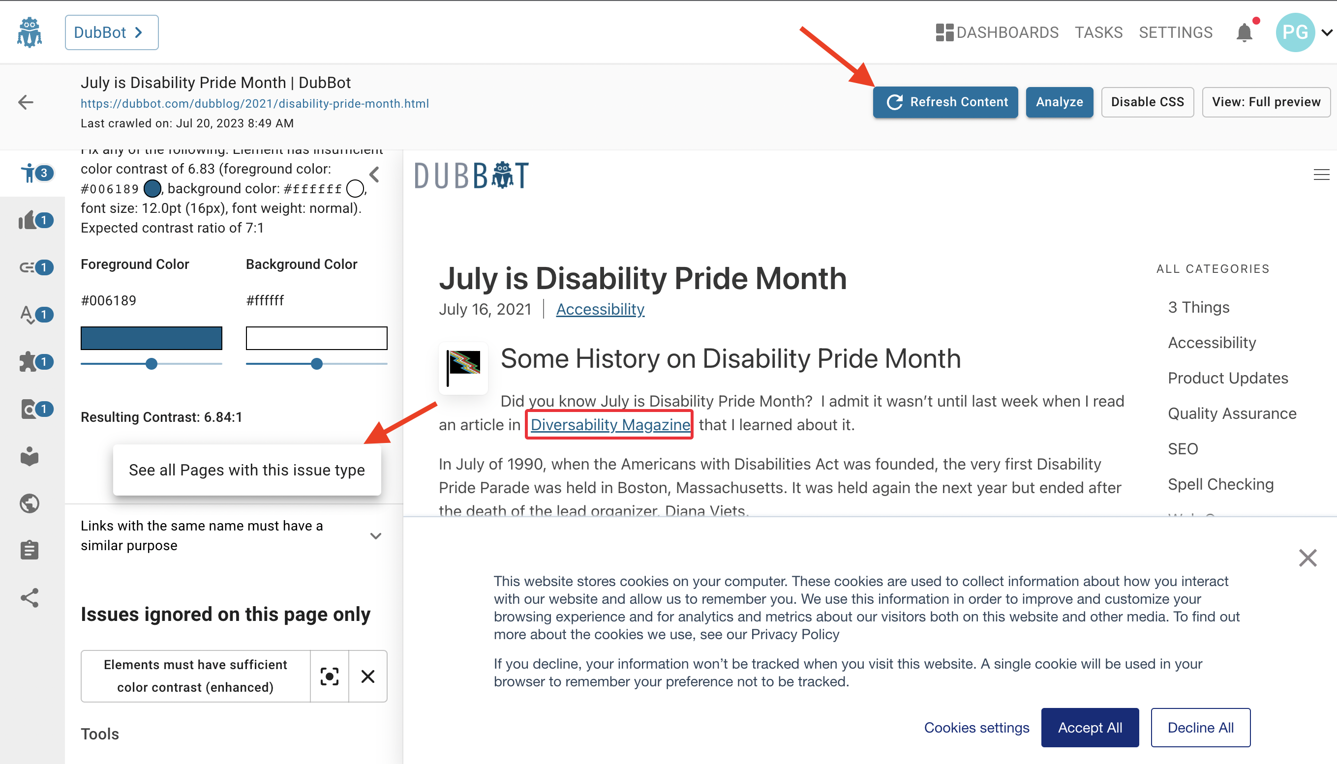 Screenshot of a page level report with red arrows pointing to the option titled See all Pages with this issue from the Actions drop-down list and the renamed button Refresh Content