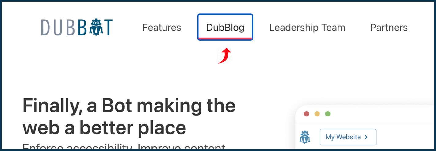 The DubBot primary navigation on the DubBot homepage. The link titled Dubblog has keyboard focus indicated by a blue box around the word Dubblog and a red underline.