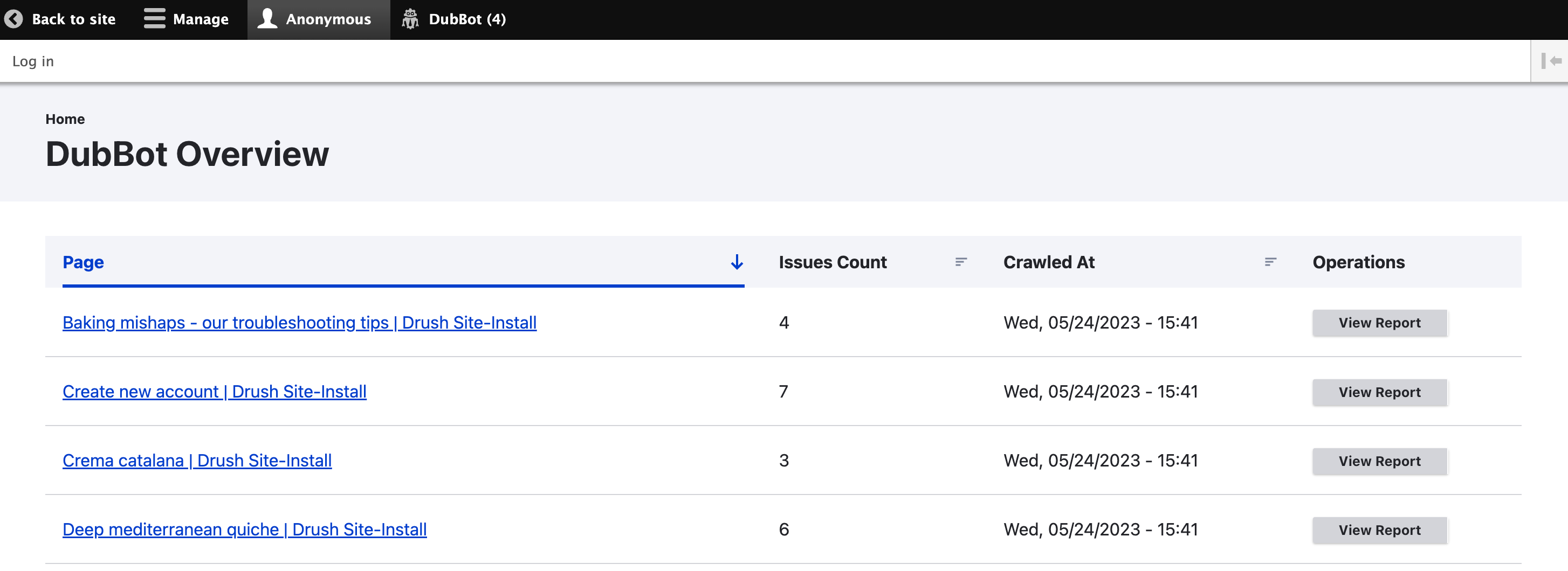 Screenshot of the Overview dashboard with a list of pages, number of issues for each page, the date and time the page was last crawled and a button to view the report for each page.
