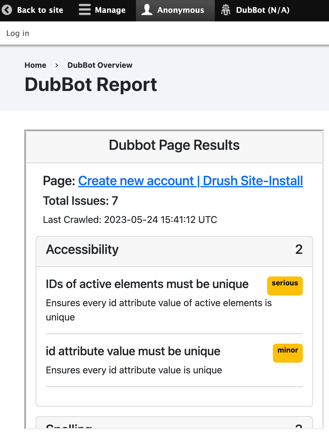 Screenshot of a page report that lists the number of violations, the individual violations themselves, the severity of each violation and link to the specific page. 