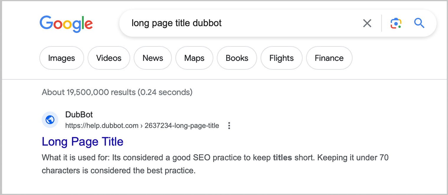 Screenshot of the search results page in Google with the words Long Page Title hyperlinked in blue.