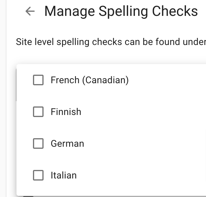 cross-section of the drop-down list of available dictionaries. This shows French-Canadian, Finnish, German and Italian.