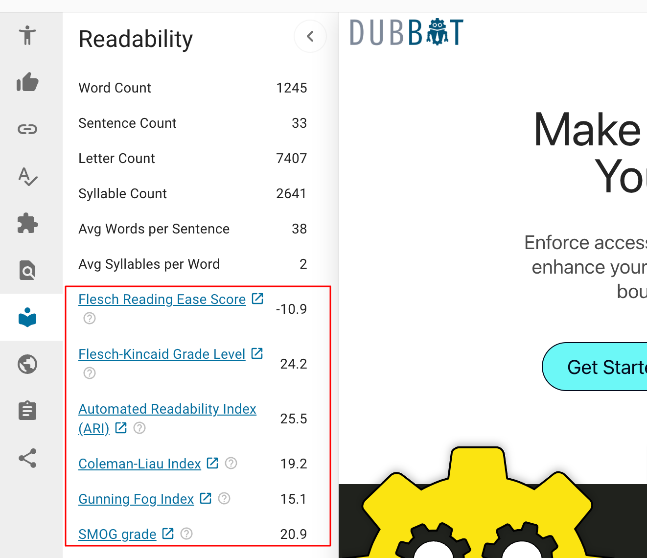 In the Readability panel of the Detailed Page View, are metrics Word Count, Sentence Count, Letter Count, Syllable Count, Avg Words per Sentence, Avg Syllables per Word along with the six readability formulas - Flesch Reading Ease Score, Flesch-Kincaid Grade Level, Automated Readability Index, Coleman-Liau Index, Gunning Fog Index, SMOG grade.