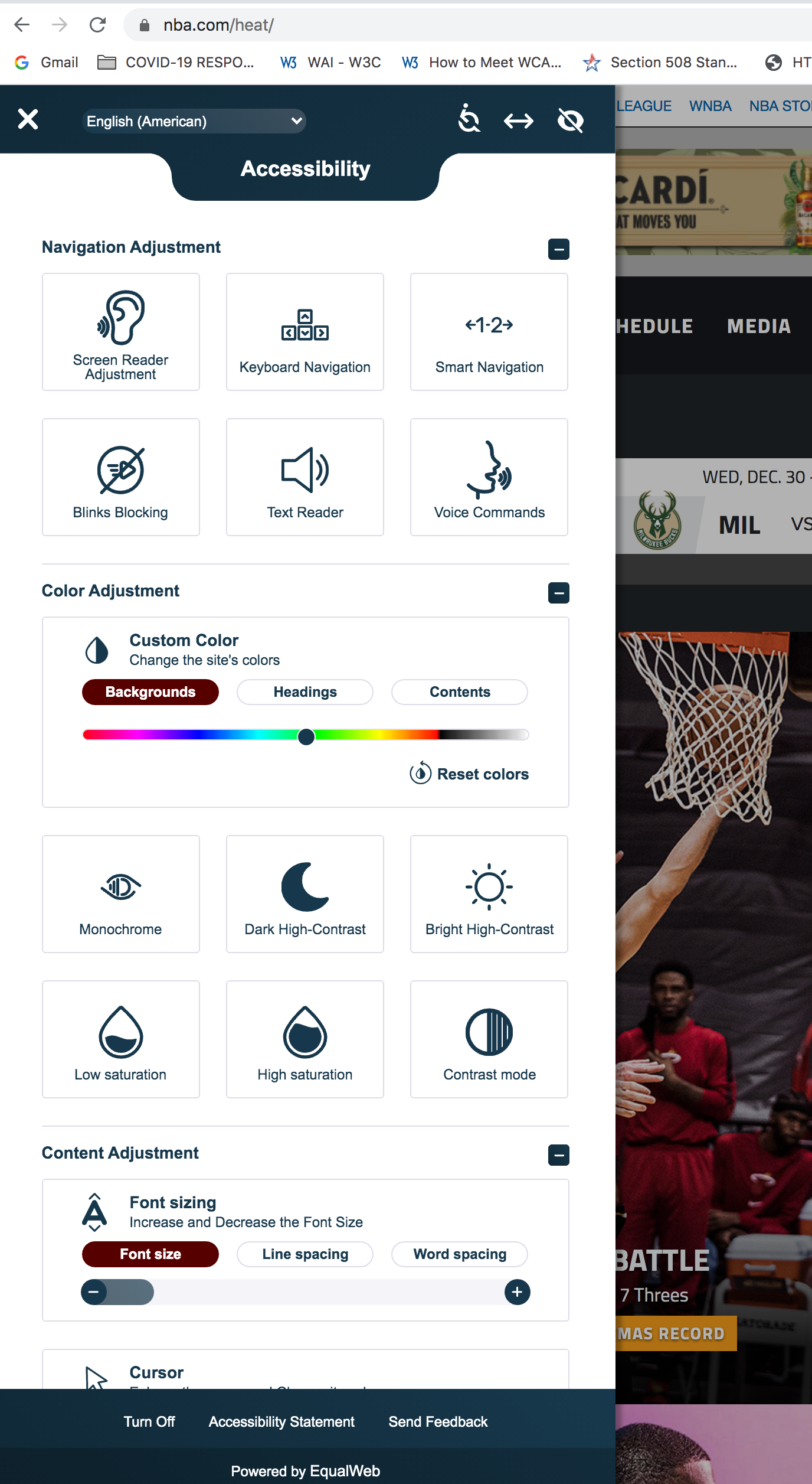When the users clicks the accessibility button, a menu pops up that list all the available options, each with an icon that represents. Available options are screen reader adjustment, keyboard navigation, smart navigation, blinks blocking, text reader, voice commands, color adjustments, monochrome, dark high-contrast, bright high-contrast, low saturation, high saturation, contrast mode, content adjustment, font sizing