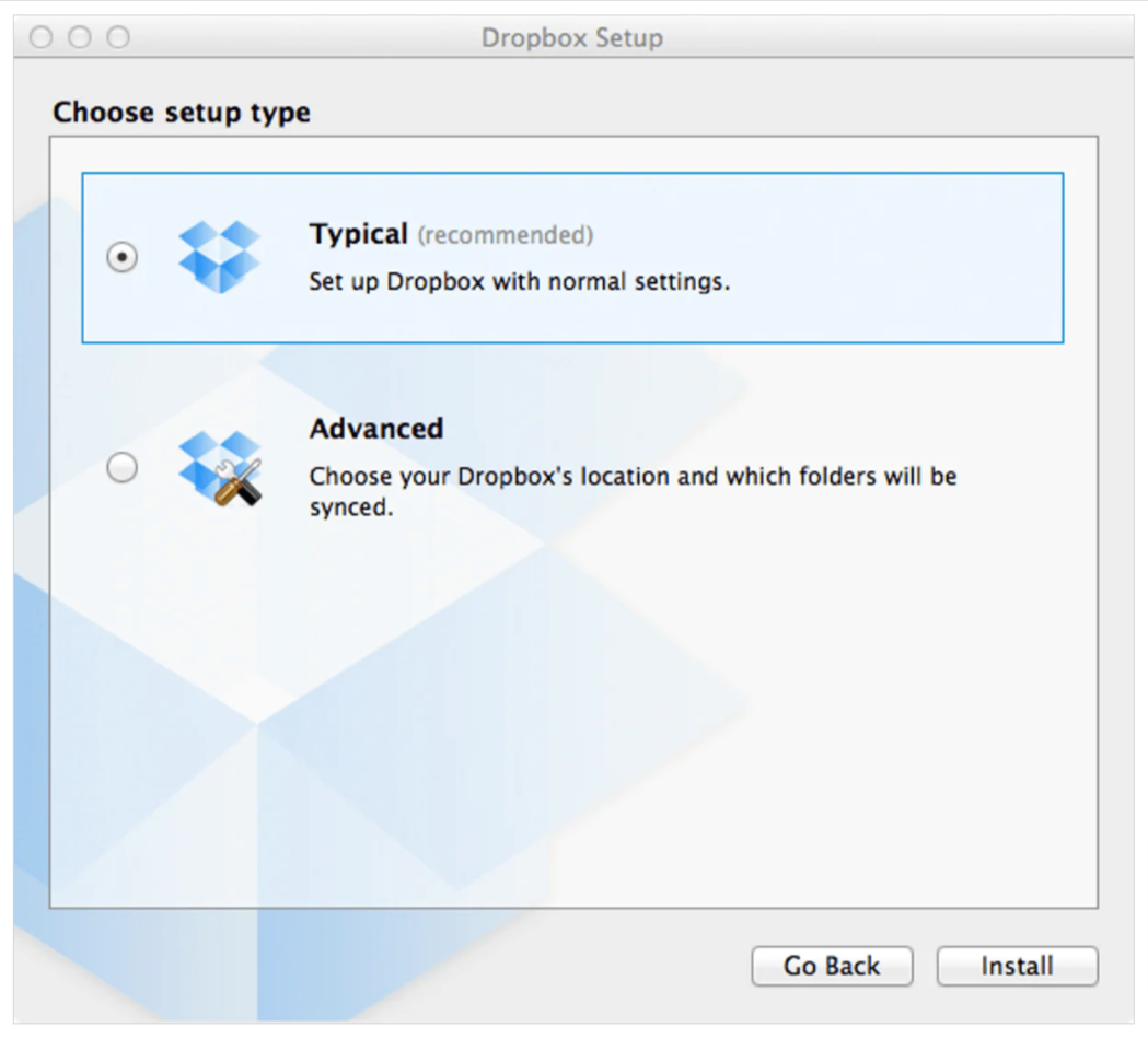 An example of a default setting where the choice of Typical Set Up for Dropbox is already selected.