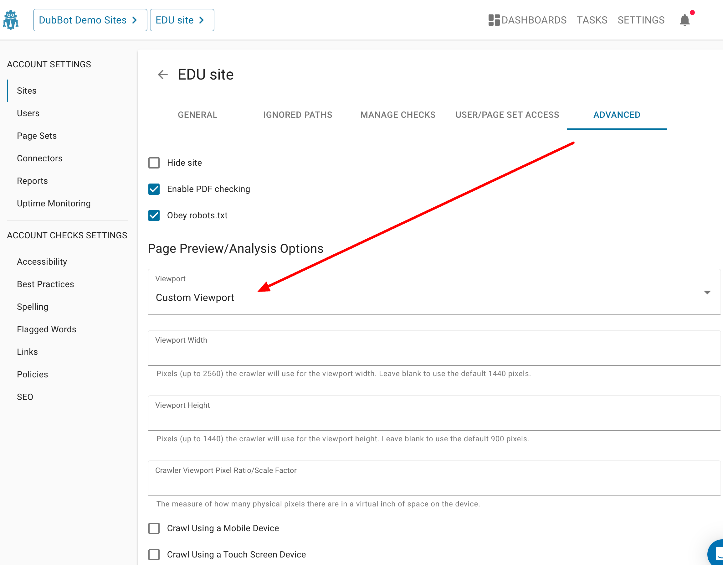 Screenshot of the Custom Viewport page with a red arrow from the Advanced tab to the Custom Viewport dropdown indication where this functionality can be found.