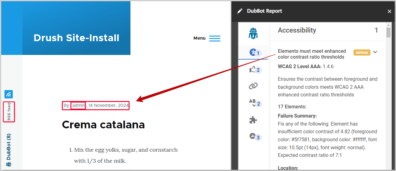 A red arrow pointing from the issue title which reads Elements must meet enhanced color contrast ratio thresholds to the red box highlighted issue within the page in Drupal.