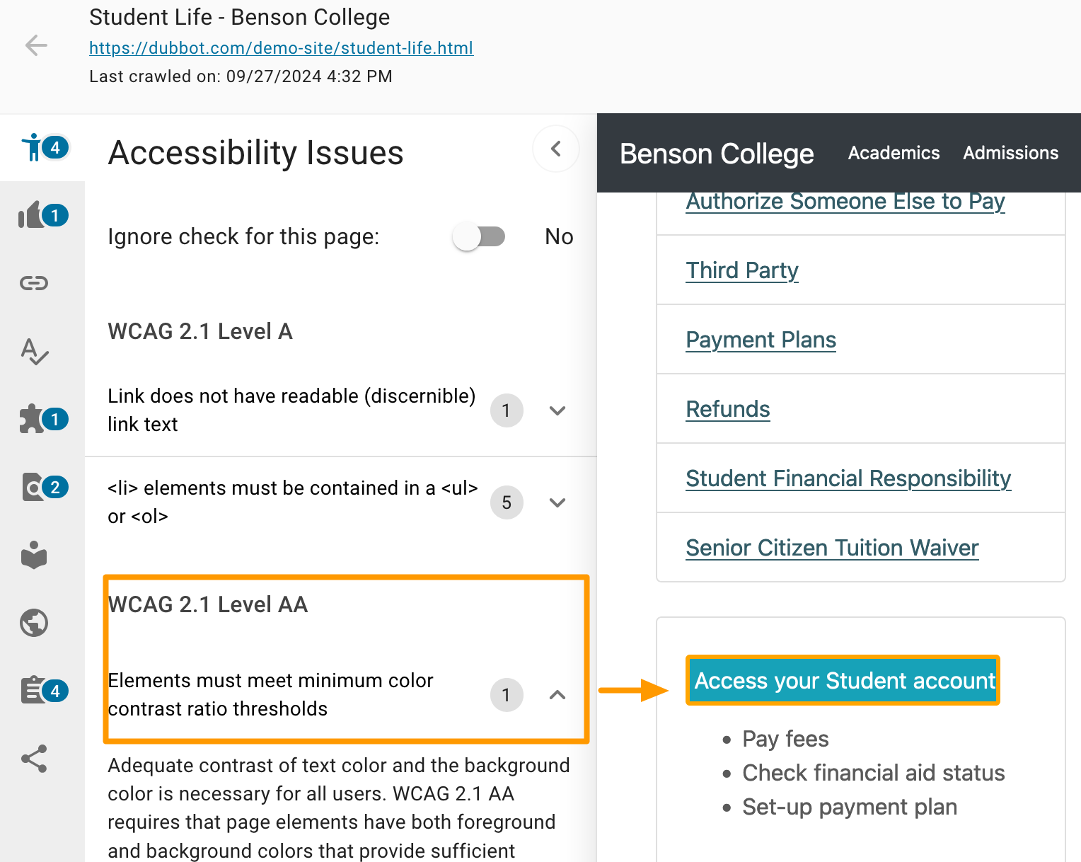 An in app issues report with an orange box around WCAG 2.1 Level AA, contrast error and an orange arrow pointing to the offending  content which is a button with insufficient contrast between background color and text.
