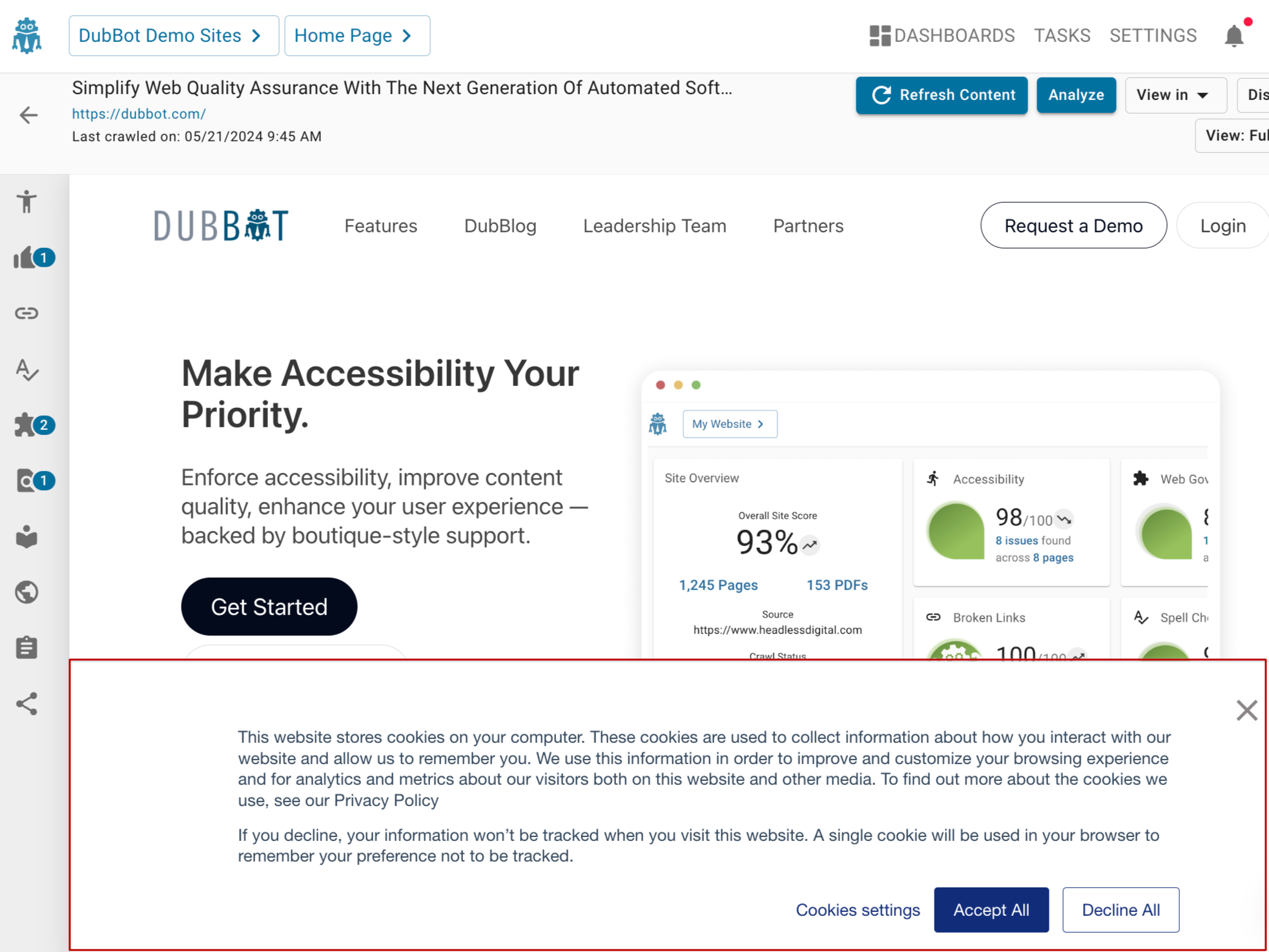 Screenshot of a page level report where a cookie consent pop-up is located at the bottom of the page, highlighted with a red box.