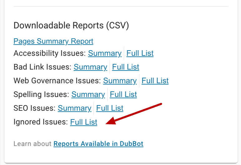 The Reports section of the DubBot dashboard with a red arrow pointing to the link to the Ignored Issues report.