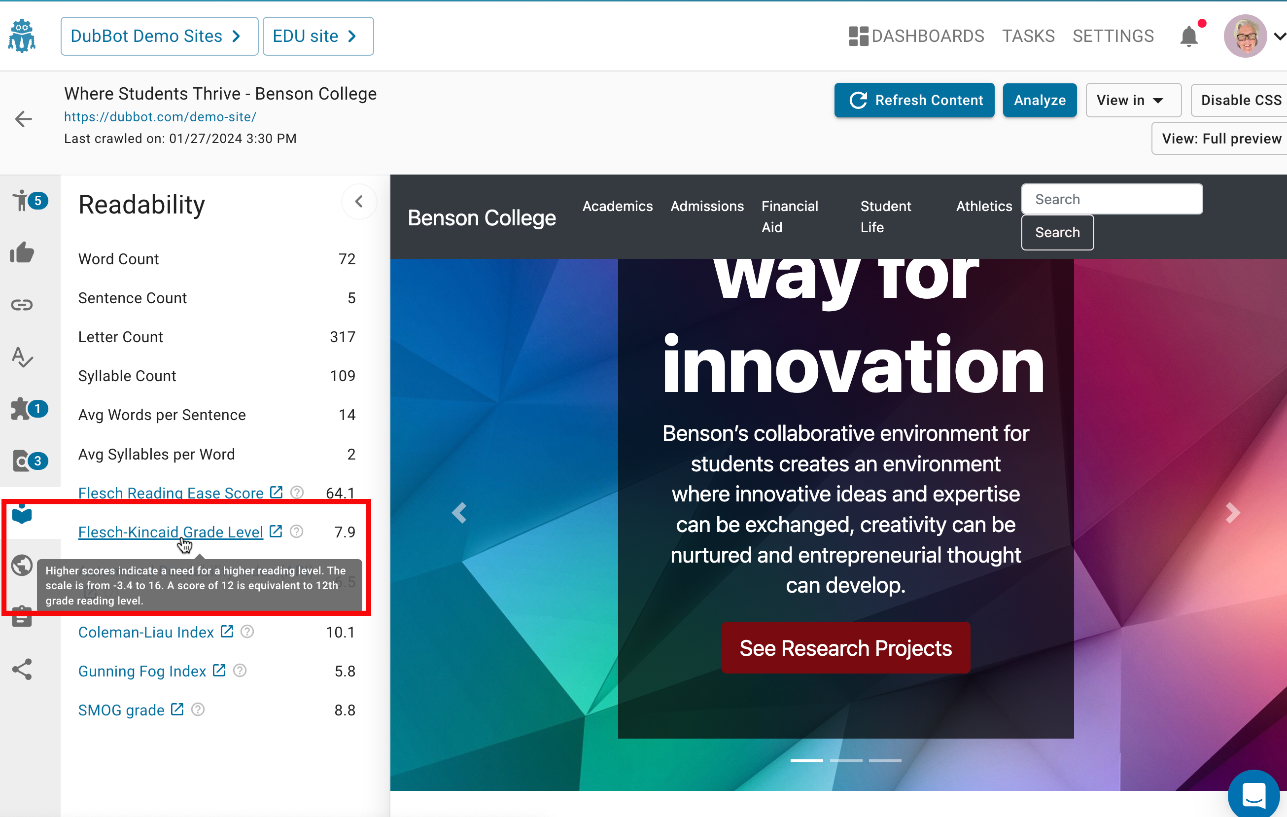 A screenshot from the DubBot app that highlights the score from the Flesch-Kincaid Grade Level test along with the pop-up that includes information on how to evaluate the score presented.