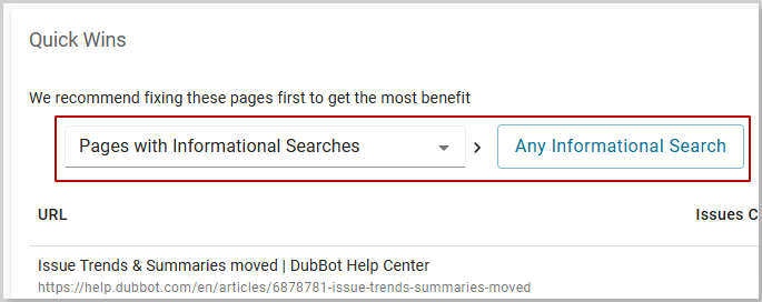 Quick Wins panel with a red box highlighting the Page with Informational Searches drop-down box.