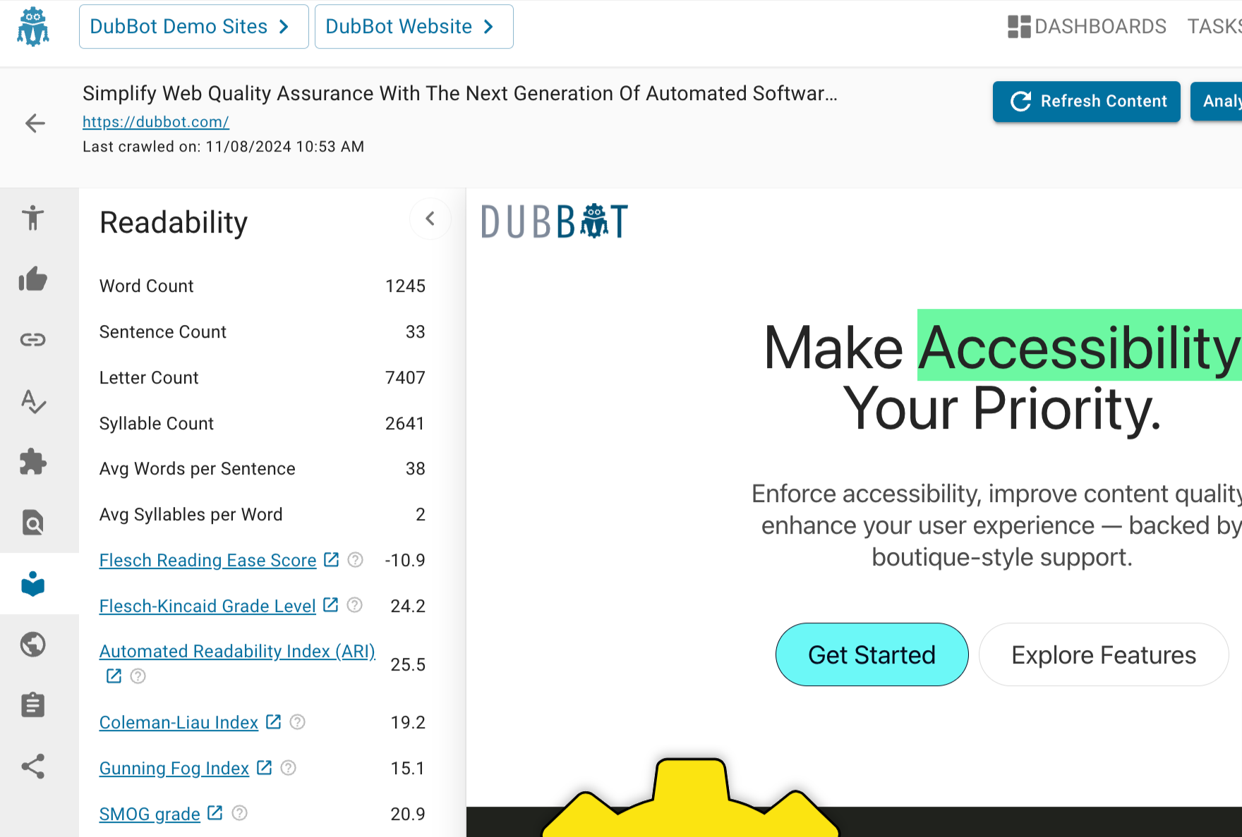 Page level report in DubBot with a list of different readability scores.
