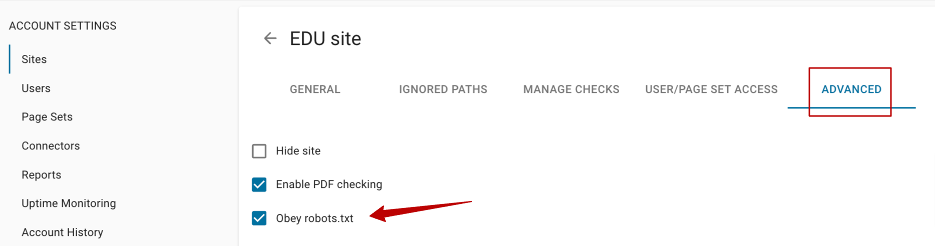 screenshot of the settings page in DubBot with a red arrow highlighting the location of the Obey robots.txt setting.