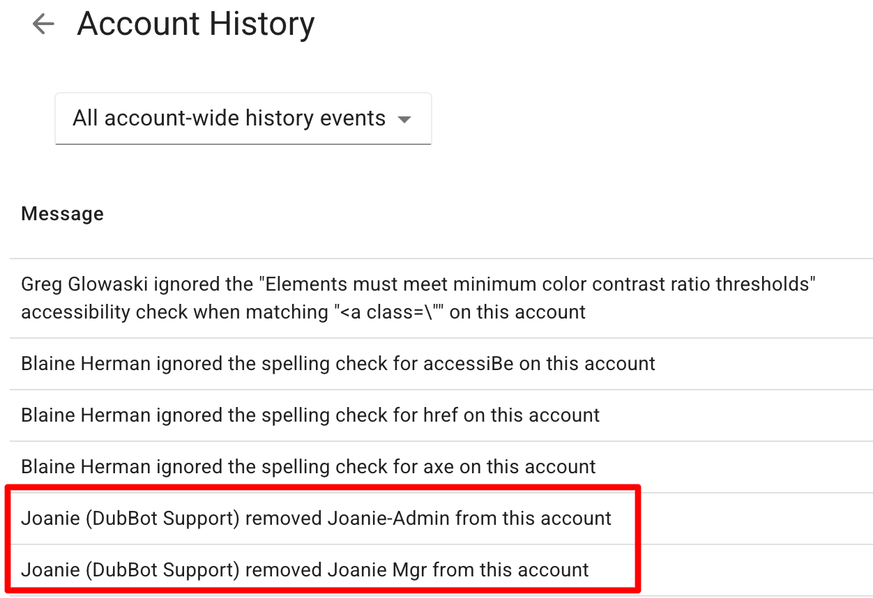 Previous version of the Account History page with a list of the latest changes made. A pink box highlights the action of an admin adding a person to the account.