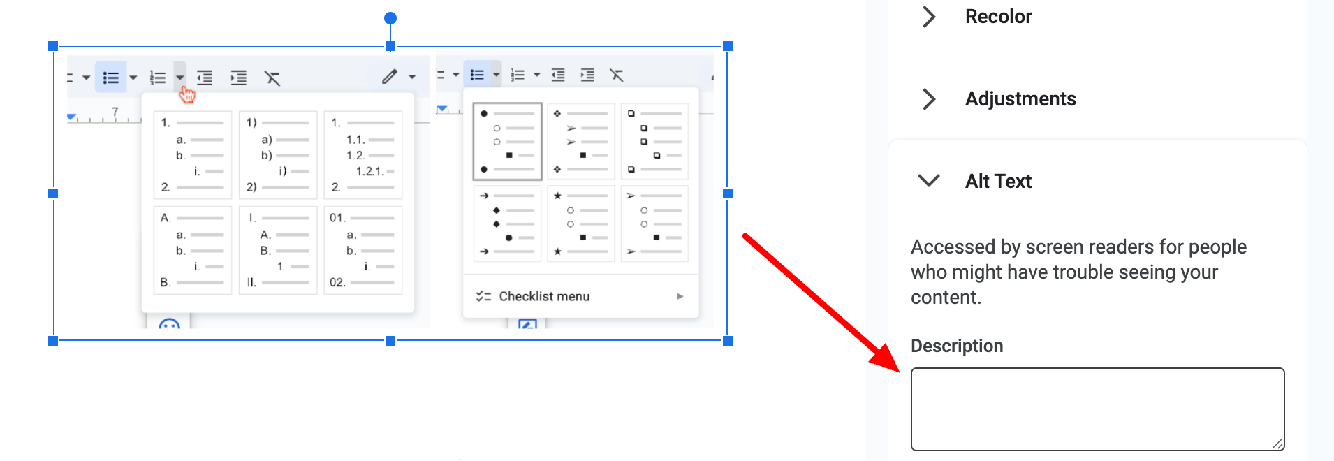 Bullet point graphic with a red arrow pointing to the dialog box where you enter the ALT text.