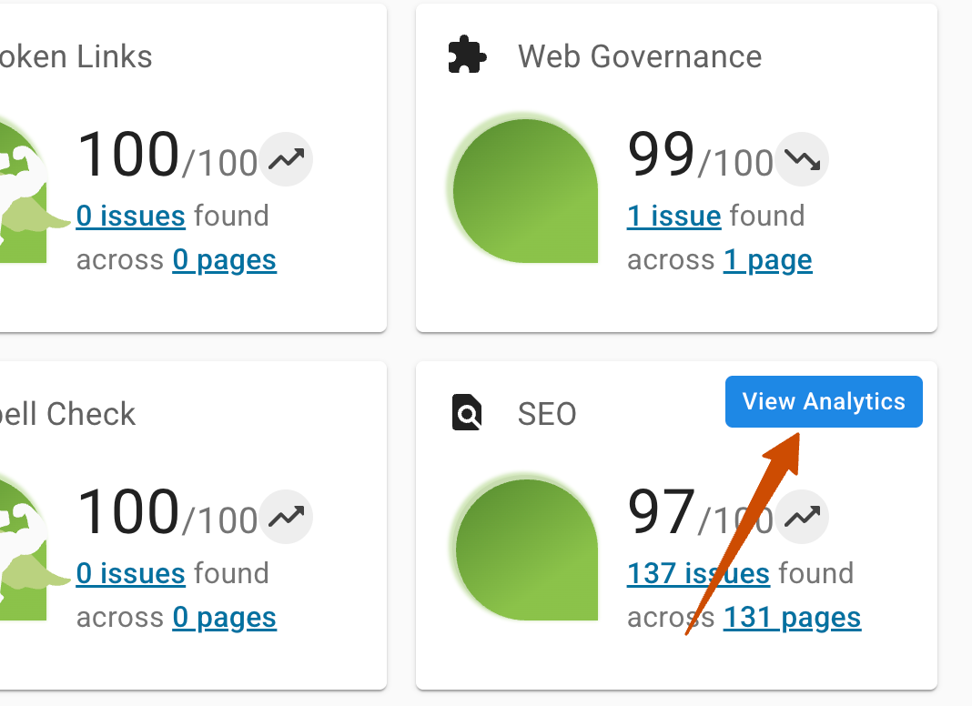Cut away of the Site Dashboard with a red arrow pointing to the blue button labeled View Analytics.