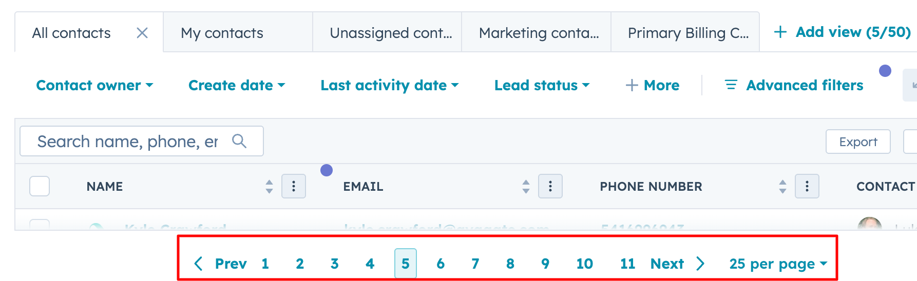 Pagination at the bottom of a page in HubSpot. There is a carat pointing left, then Prev, then the numbers 1-11, then Next, then a carat pointing right, then 25 per page with a carat pointing downward.