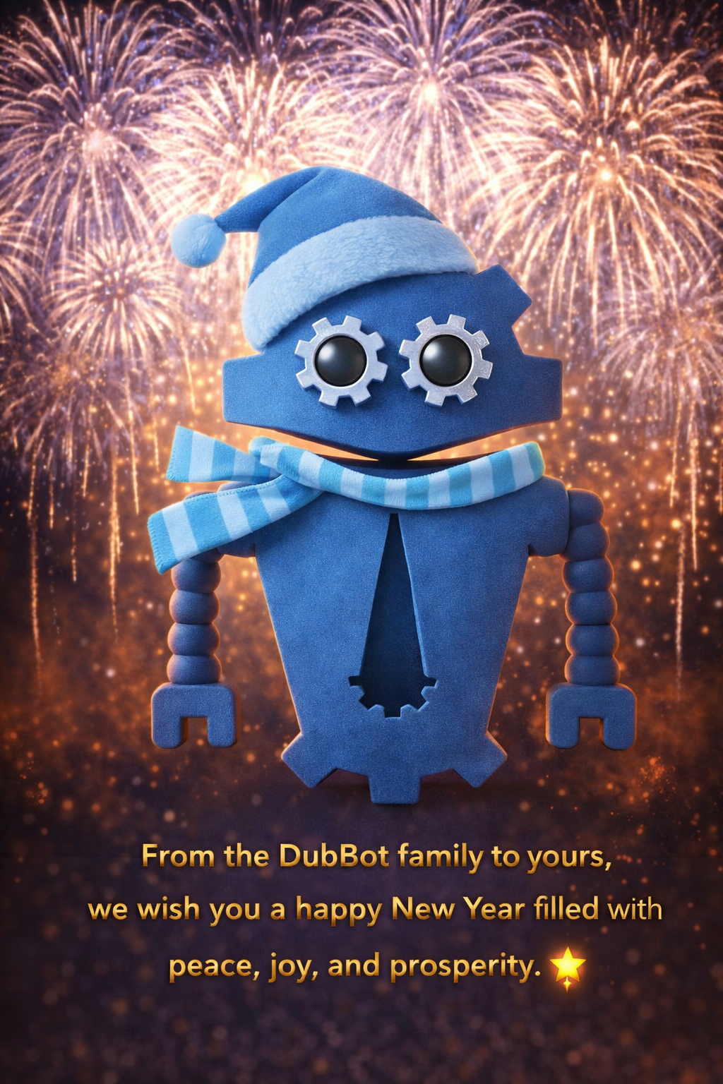 Blue Dubby with a blue stocking cap, a blue and white striped scarf and fireworks overhead in the background.