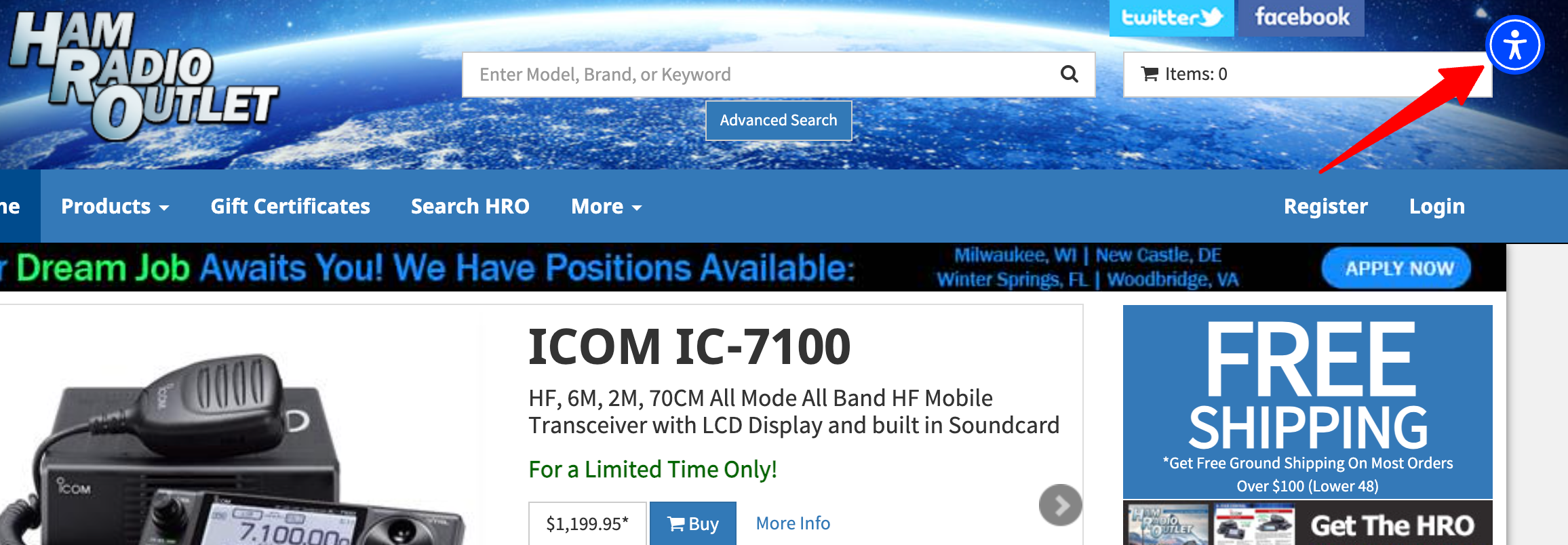 The Ham Radio Outlet website home page. A red arrow points to the overlay icon which is a blue circle with a white stick figure with both arms to the side, legs shoulder width apart.