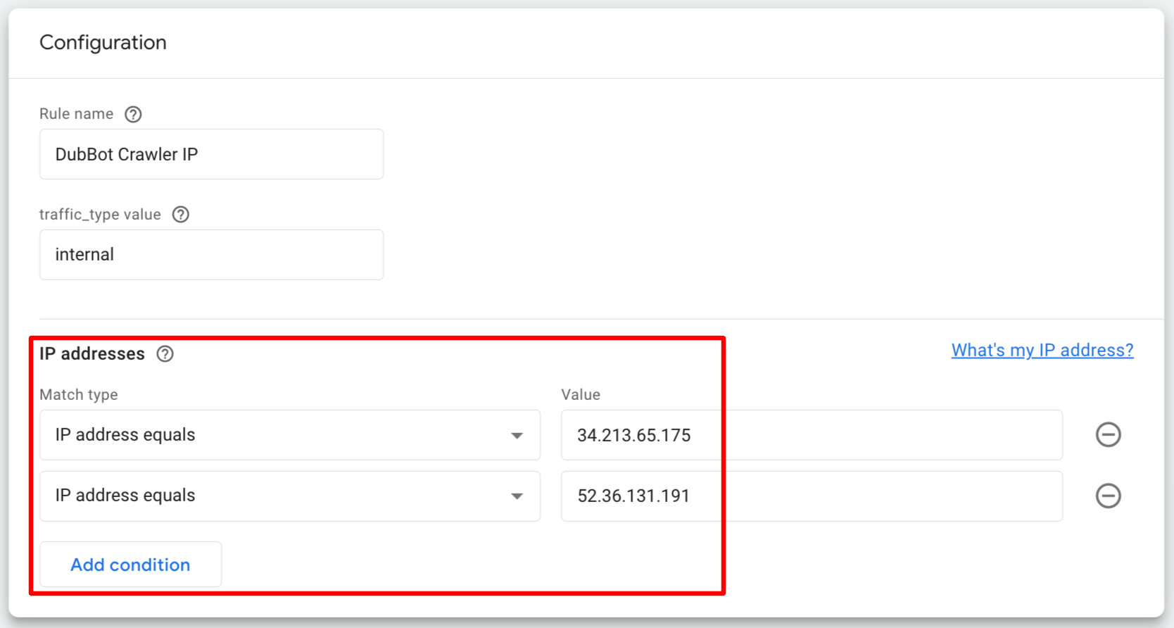 The configuration screen in GA4 to set up rules for filtering IP addresses. There is a red box around the two conditions set to exclude the DubBot crawler. Each condition includes one of the two static IP addresses for the DubBot crawler.