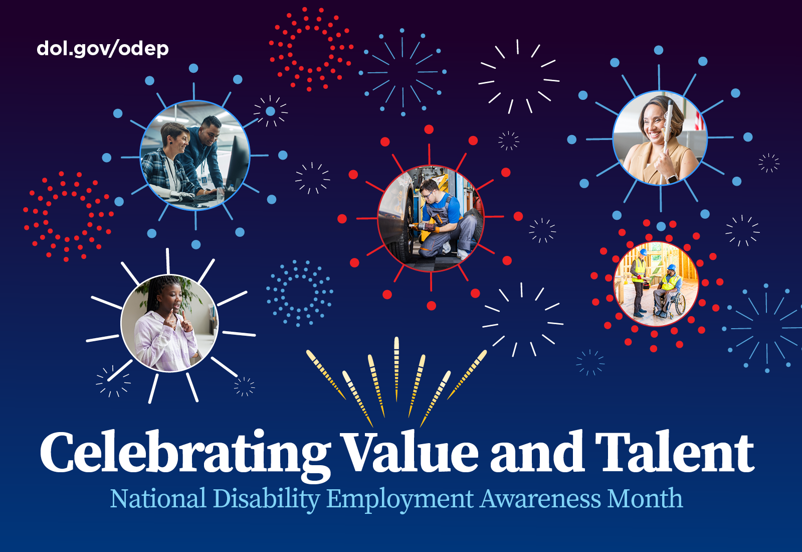 2025 NDEAM poster shows images of people with disabilities and fireworks. Says Celebrating Value and Talent, National Disability Employment Awareness Month.
