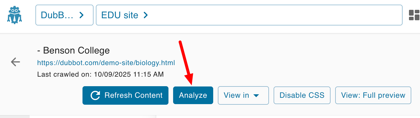 Page level navigation with a red arrow pointing to the Analyze button.