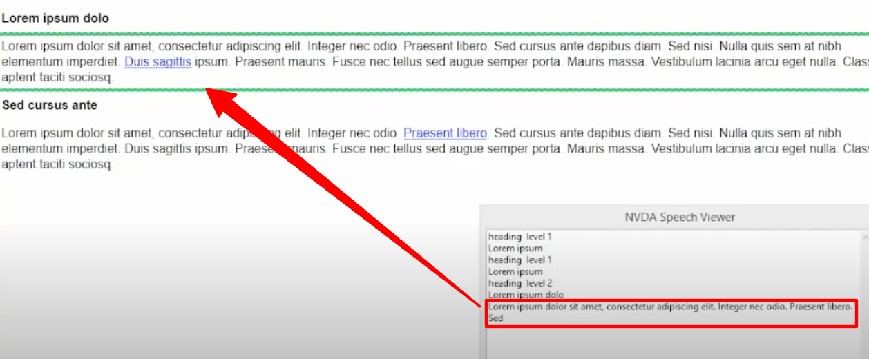 An example of the Speech Viewer tool. A red arrow points from the viewer box to the content highlighted on the webpage to show how the viewer box content follows the content on the webpage.