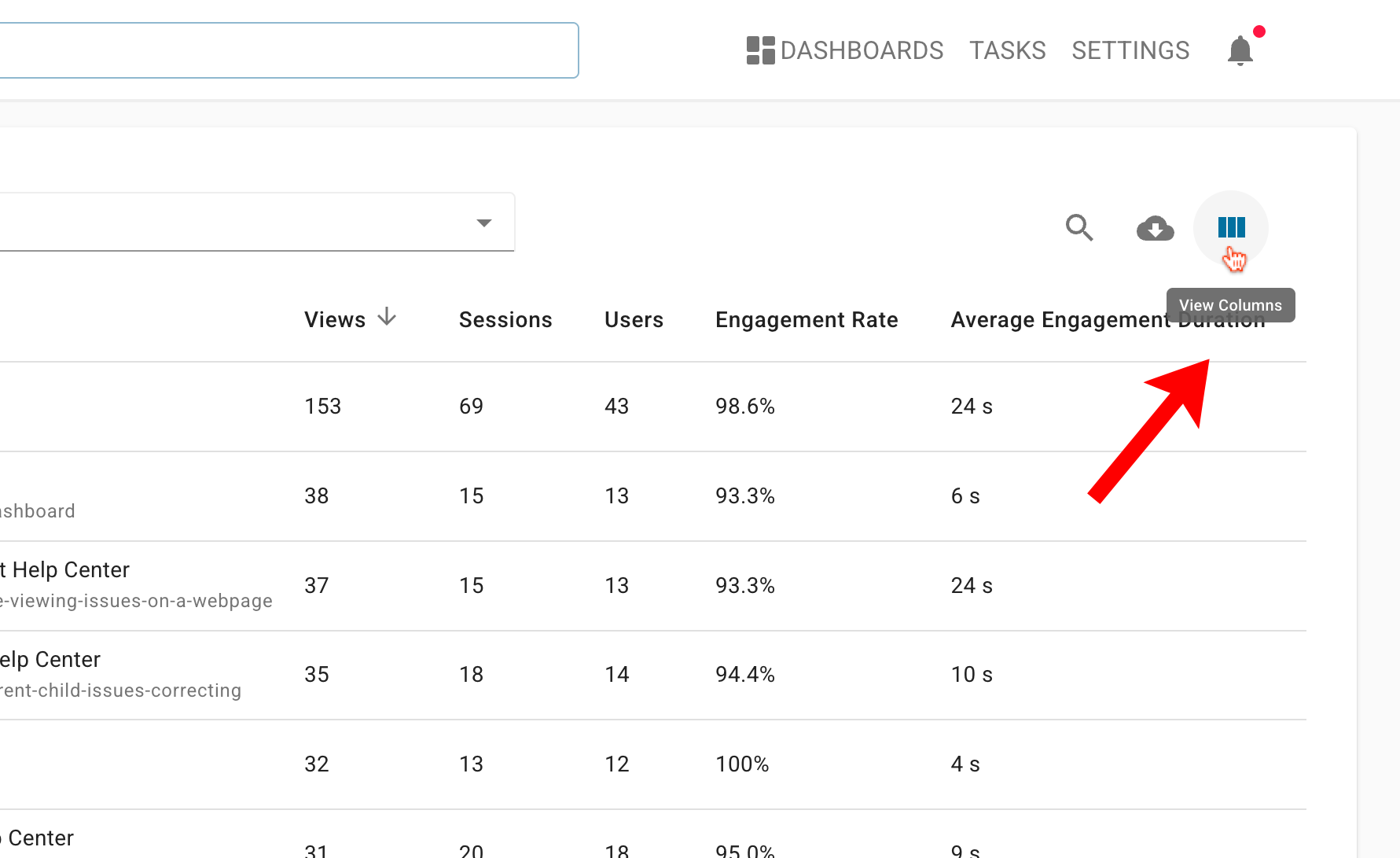 Account Dashboard with a red arrow pointing to View Columns.