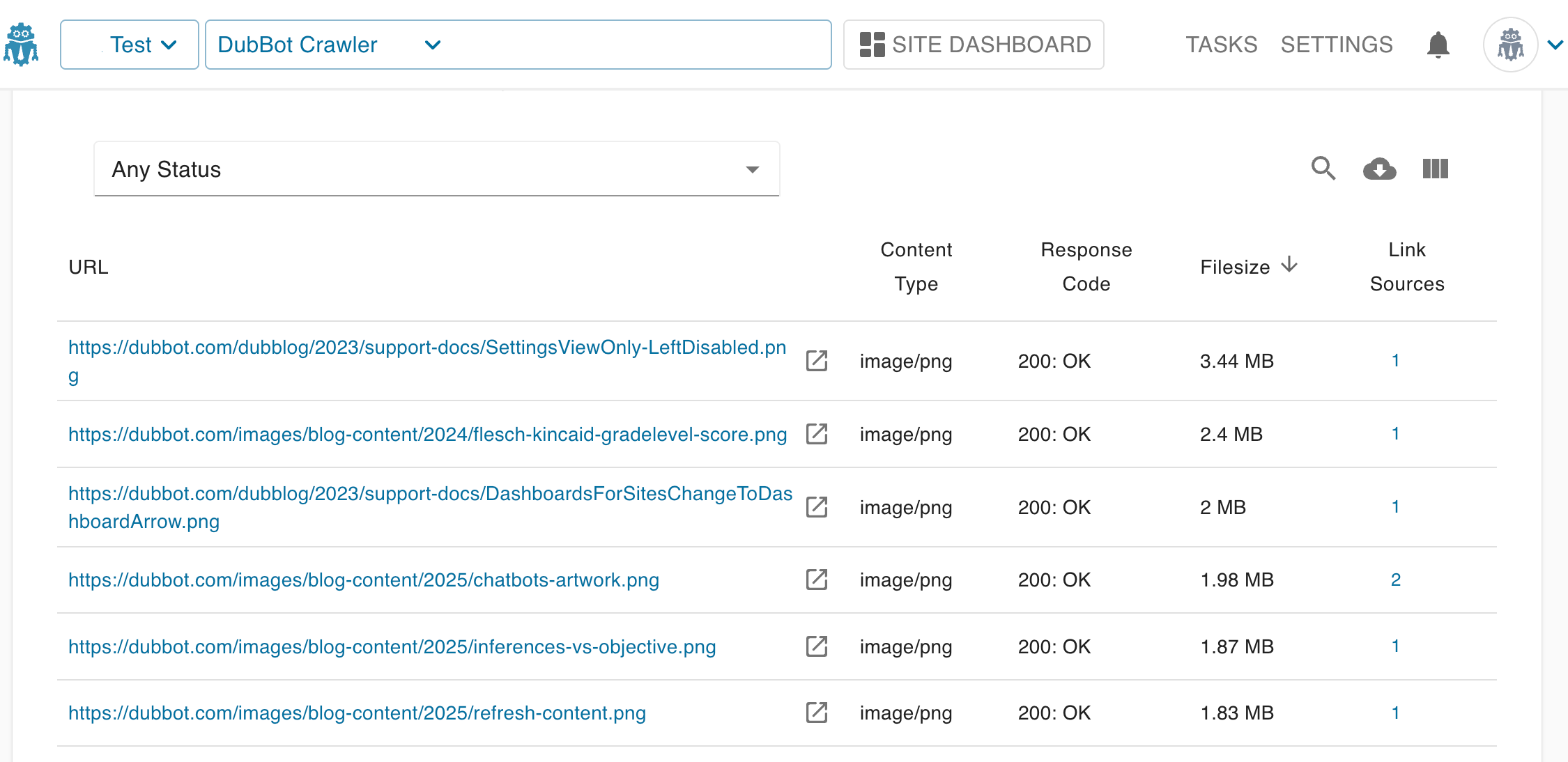 The Image Inventory Panel with the URL to the image, Content Type, Response Code, File size and Link Resources information.