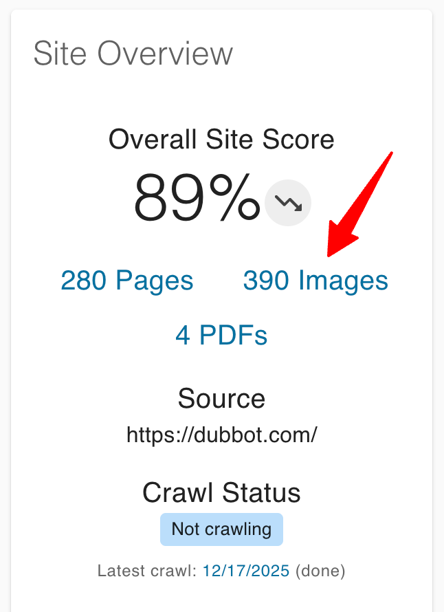 Site Overview panel in the DubBot app with a red arrow pointing to the link to use to go to the list of image. The link reads 390 images.
