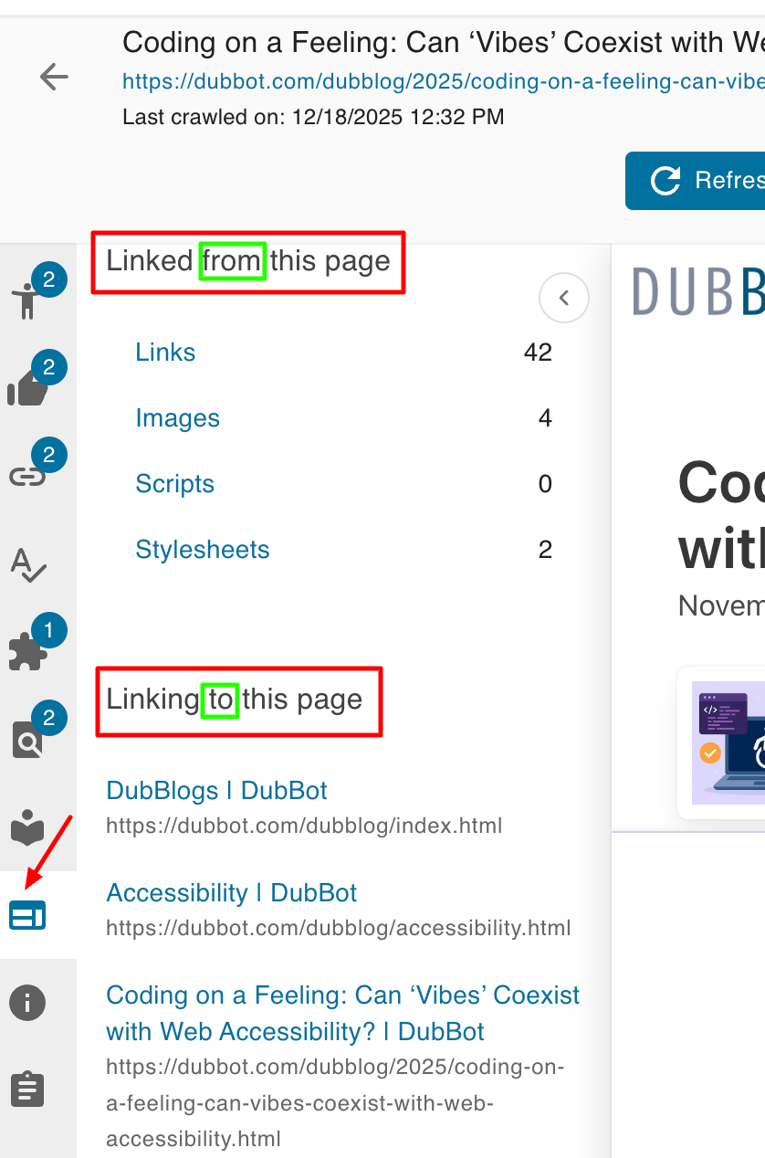 The Page Details Panel with a red box around the text Linked from the page. A green box is around the word from. Another red box is around the text Linking to this page with a green box around the word to.